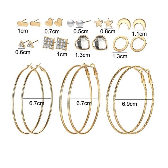 😍12 Pair 14k Gold Plated Geometric Crystal Stud Earring Set Mix for Women, F271 - Picture 2 of 6